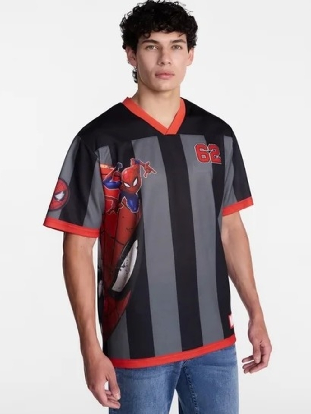 Marvel Spider-Man Black & Gray V-Neck Jersey Red TrimMen's Size Large NWT